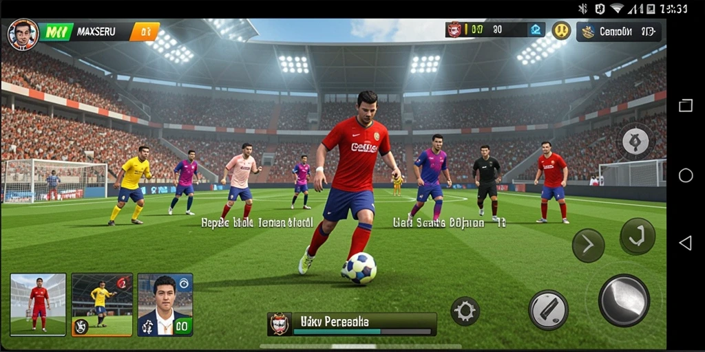 Screenshot dari gameplay sepak bola yang penuh aksi di MAXSERU.
