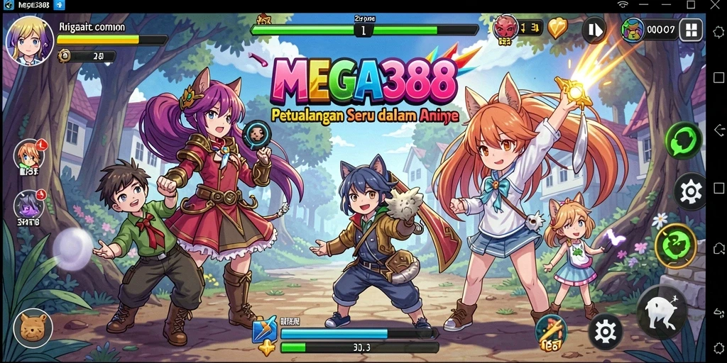 Gameplay MEGA388 yang menampilkan karakter anime dalam aksi.
