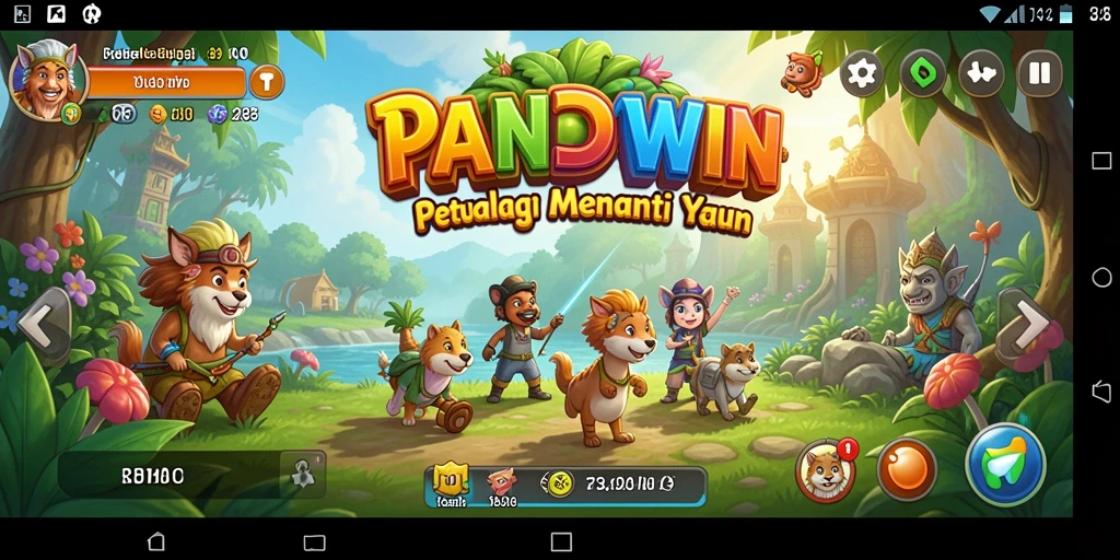 Tampilan gameplay PANDAWIN dengan karakter warna-warni yang aktif.