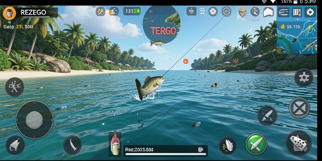 Tampilan gameplay REZEGO dengan berbagai jenis ikan dan lokasi memancing