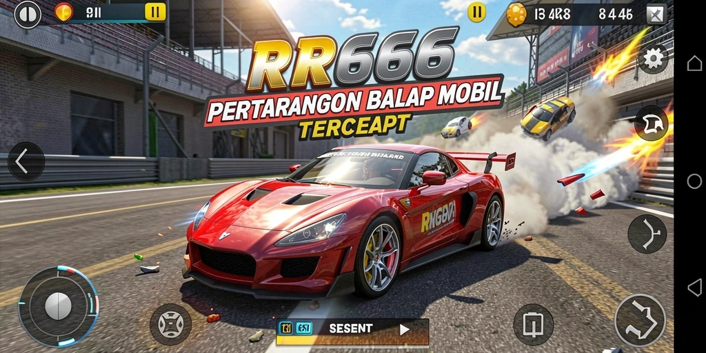 Screenshot gameplay RR666 menampilkan balapan mobil yang mendebarkan.