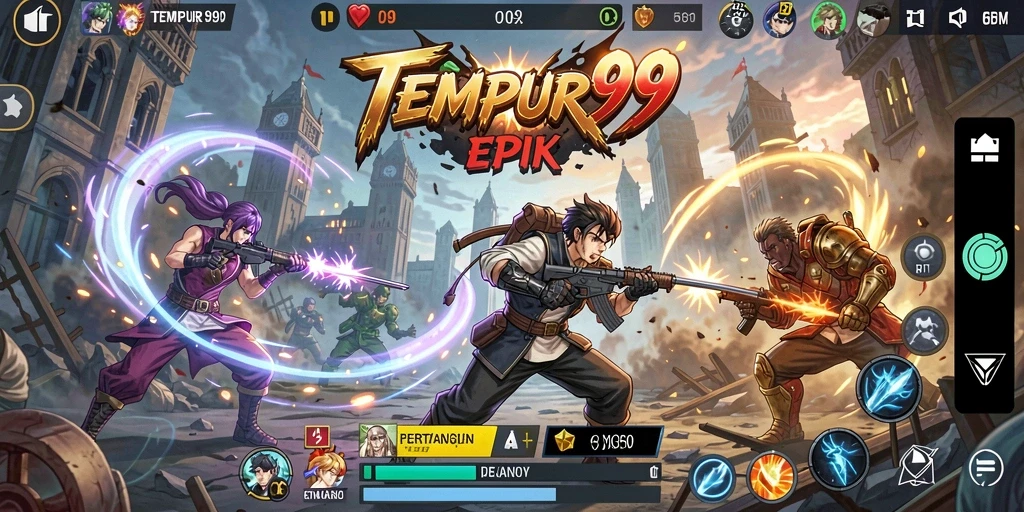 Screenshot gameplay TEMPUR99 yang menunjukkan pertarungan karakter anime.