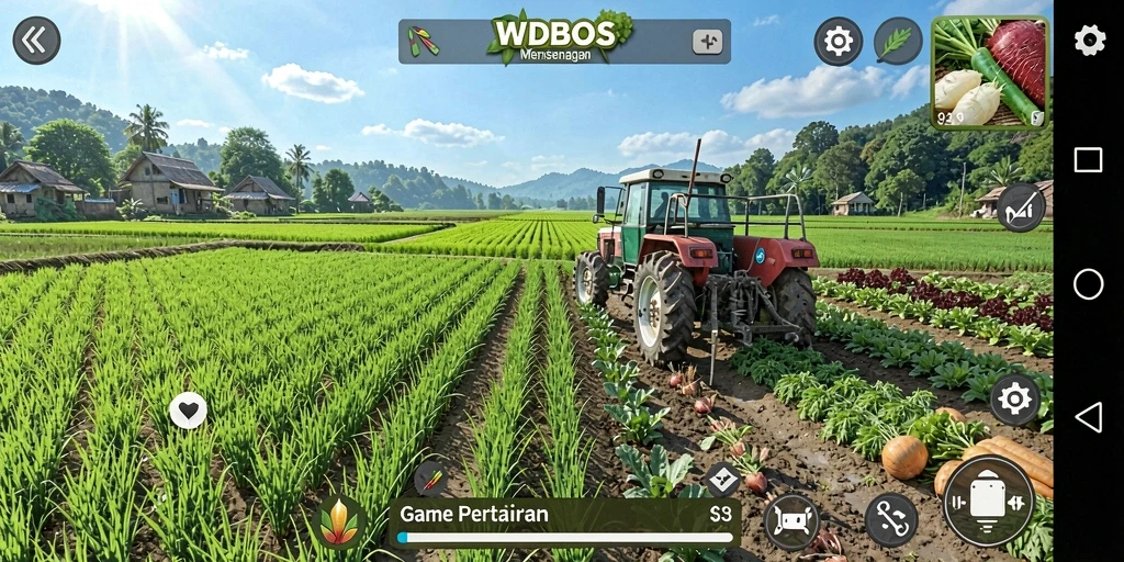 Screenshot gameplay WDBOS menampilkan ladang yang subur dan hewan ternak.